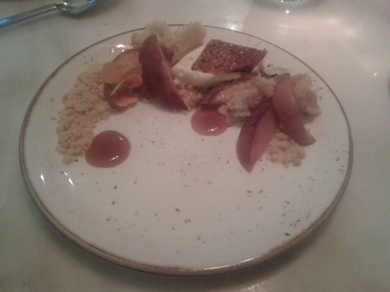 apero restaurant south kensington review baked peach, almond crumble with marscapone cream