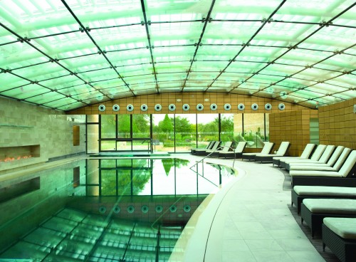 The 20 metre indoor pool at the spa, with the sauna and other rooms off to the right and the outdoor area straight ahead