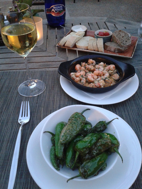 garlic prawns and salty padron peppers in Majorca