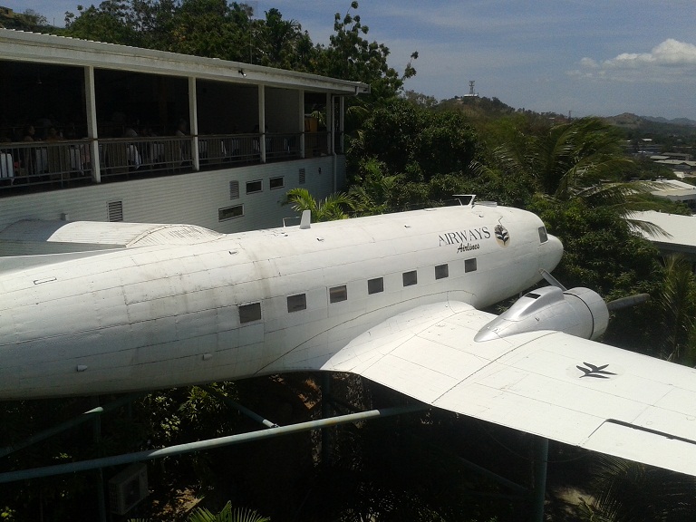 The Airways Hotel at Port Moresby, a good place for stopovers. As well as being right next to the airport, it also has a plane built into it...