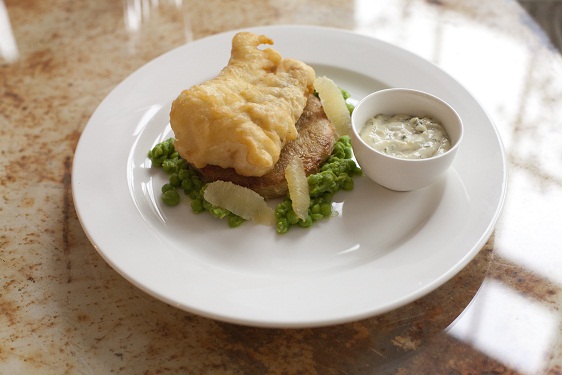 Bourne & Hollingsworth Buildings cod fillet, potato rosti, mushy peas and tartare sauce