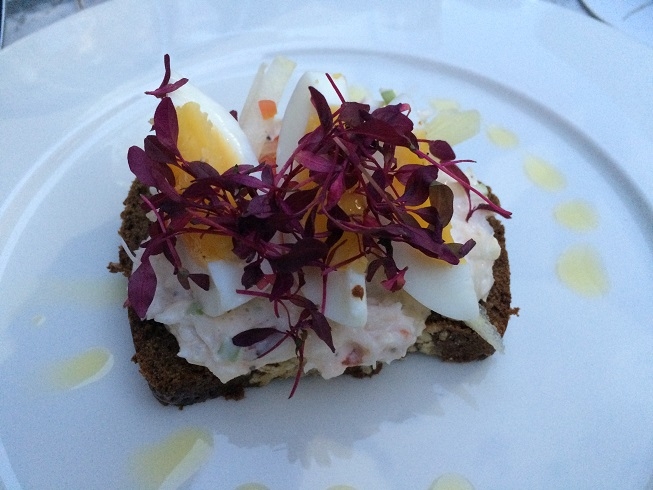 Dorset crab on toast, with apple, egg and watercress