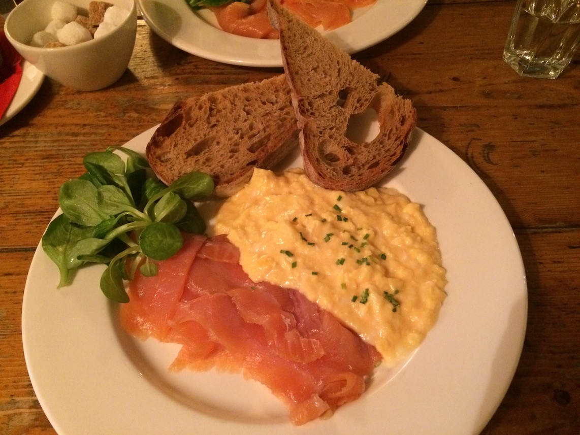 breakfast of smoked salmon and scrambled eggs