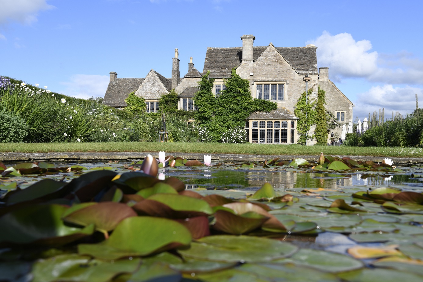 gardens and pond outside Whatley Manor