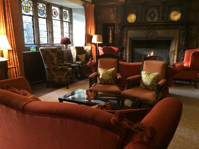 open fire at Lewtrenchard Manor hotel in Devon