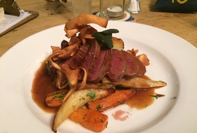 New Forest venison and roasted root veggies at The Taverners pub in Godshill