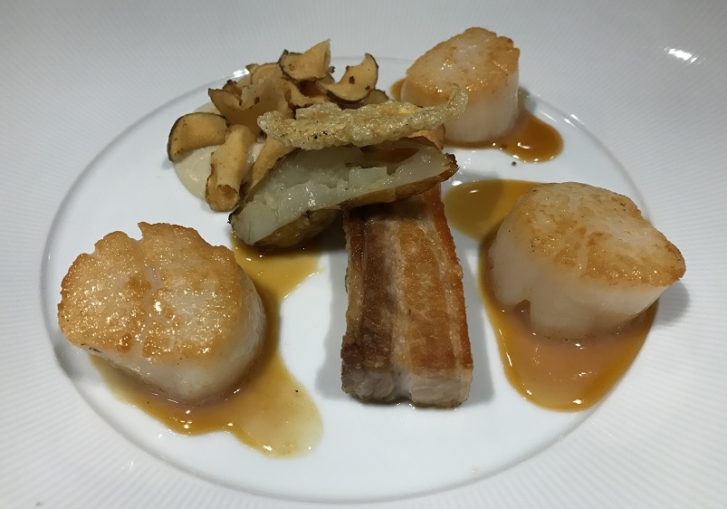 Pan seared hand dived scallops with pork belly, Jerusalem artichoke and coffee caramel at Le Talbooth