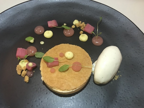 Yorkshire rhubarb, semi-frozen ginger cream, arlette biscuit and rhubarb sorbet