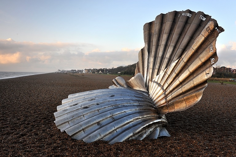 Brudenell hotel Aldeburgh Suffolk the Scallop, a tribute to local resident and noted composer Benjamin Britten by Suffolk sculptor Maggi Hambling.