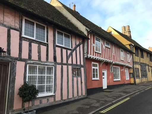 colourful half-timbered buildings in the Suffolk village of Lavenham