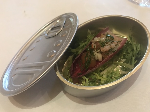 meal at Humphreys Stoke Park seafood salad in a replica fish can at Humphreys Stoke Park