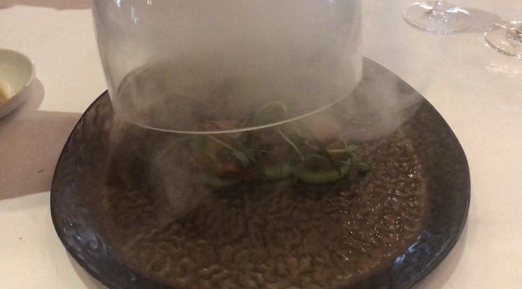meal at Humphreys Stoke Park scallops in a dome of woodsmoke at Humphreys Stoke Park