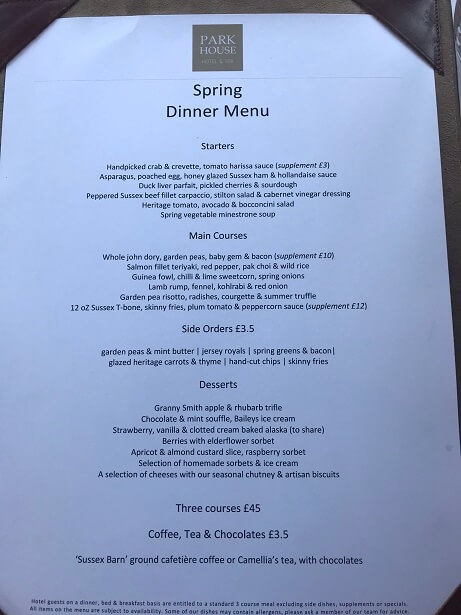 dinner menu at Park House hotel