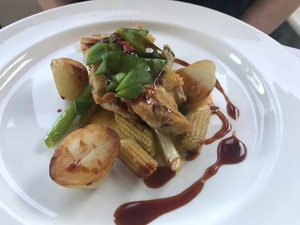 Main course of guinea fowl, chilli and sweetcorn
