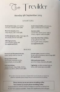 menu at the Trevilder restaurant