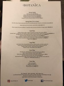 menu at Botanica restaurant South Lodge