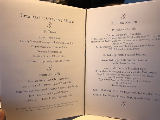 Breakfast menu at Gravetye Manor