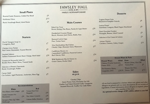 Fawsley Hall menu Fawsley Hall menu