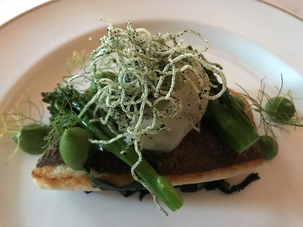 sea bream with prawn dumpling, wakame and broccoli 