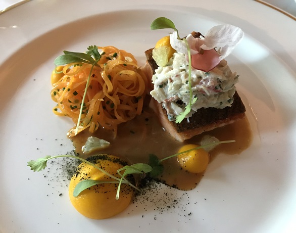 My starter of salmon with dressed crab, red curry and carrot