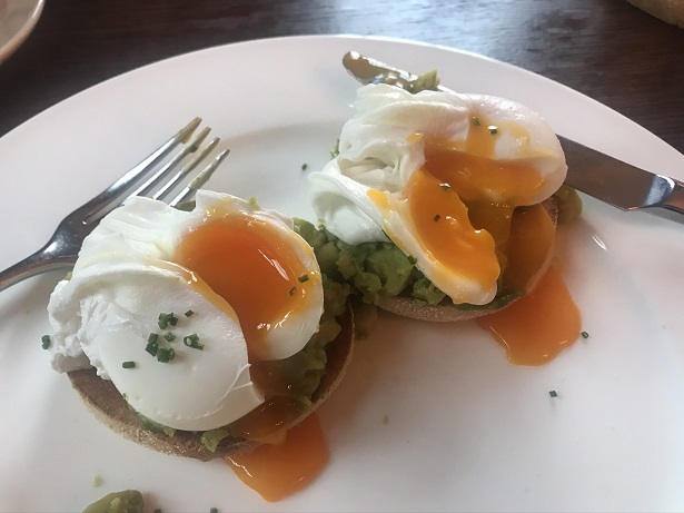 poached eggs with avocado on toasted bagels