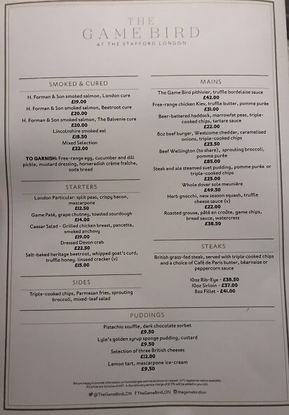 The menu at the Game Bird restaurant at The Stafford London The menu at the Game Bird restaurant at The Stafford London