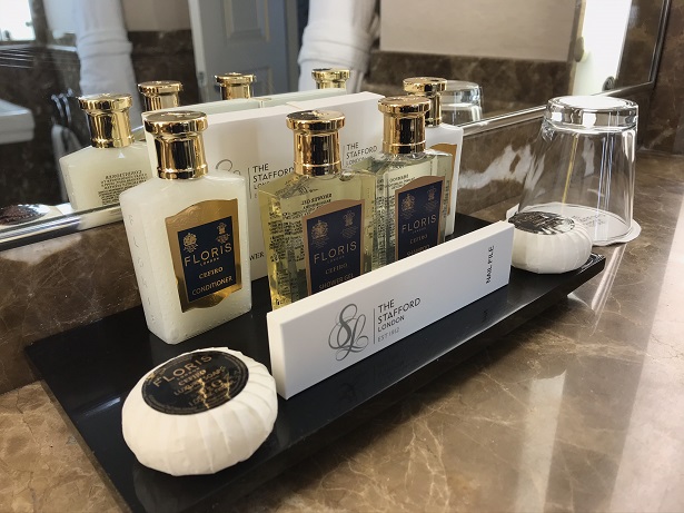 collection of in room toiletries at the Stafford London