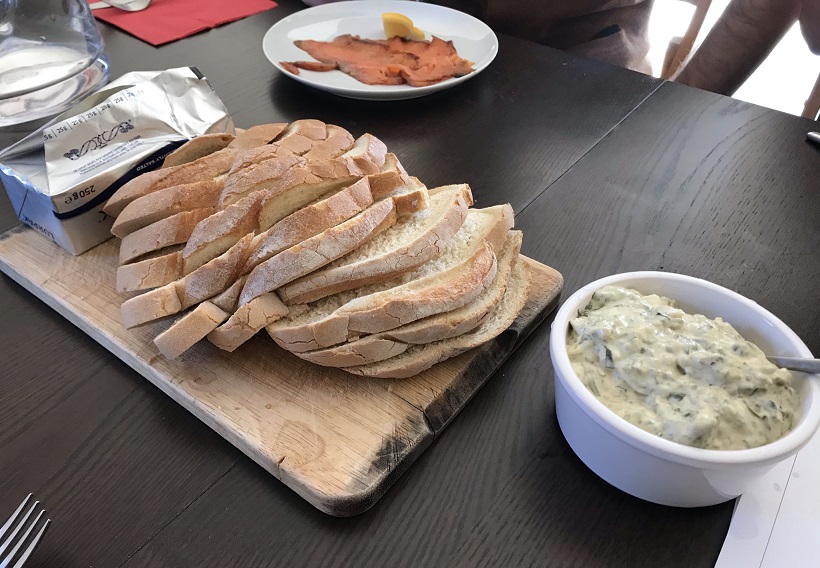 sourdough bread with smoked salmon and caper sauce