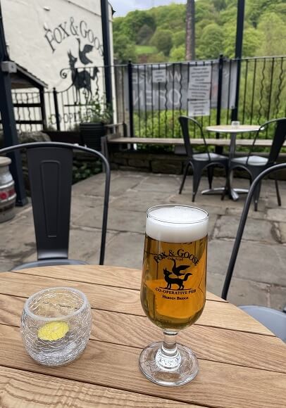 A refreshing drink at the Fox & Goose pub in Hebden Bridge A refreshing drink at the Fox & Goose pub in Hebden Bridge