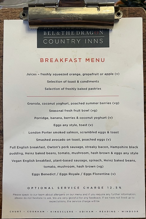 The breakfast menu at Bel & The Dragon Odiham