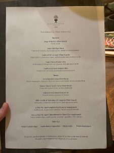 The dinner menu at the Oak Restaurant at Burleigh Court hotel