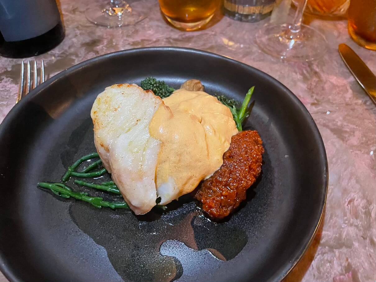 sSalted and oven-roasted skrie cod with braised fennel, samphire and chorizo