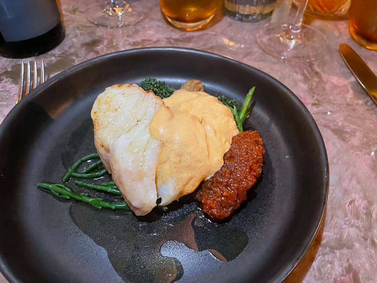 salted and oven-roasted skrie cod with braised fennel, samphire and chorizo