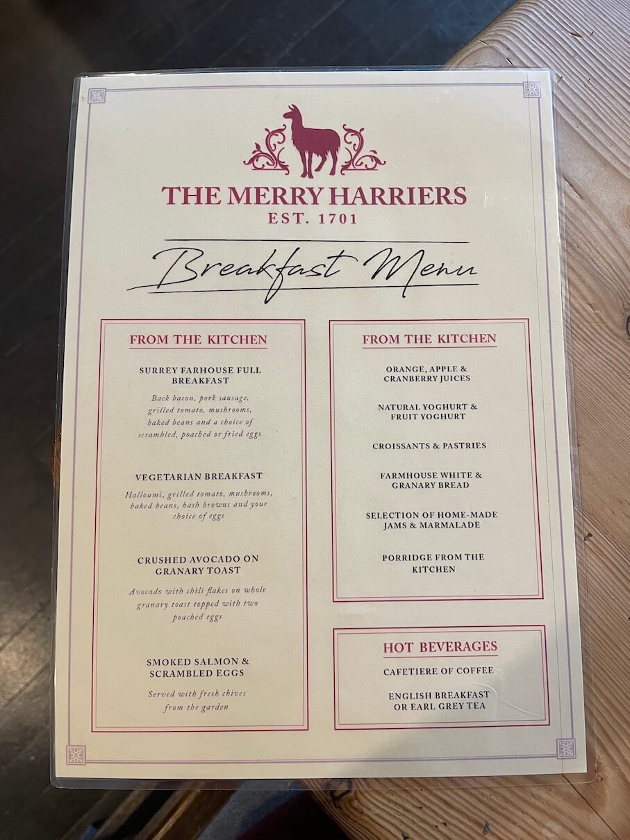 Breakfast menu at The Merry Harriers pub