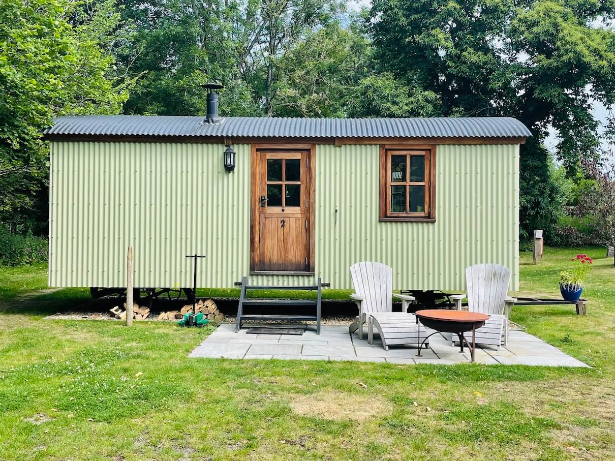 green Shepherds Hut at Merry Harriers 