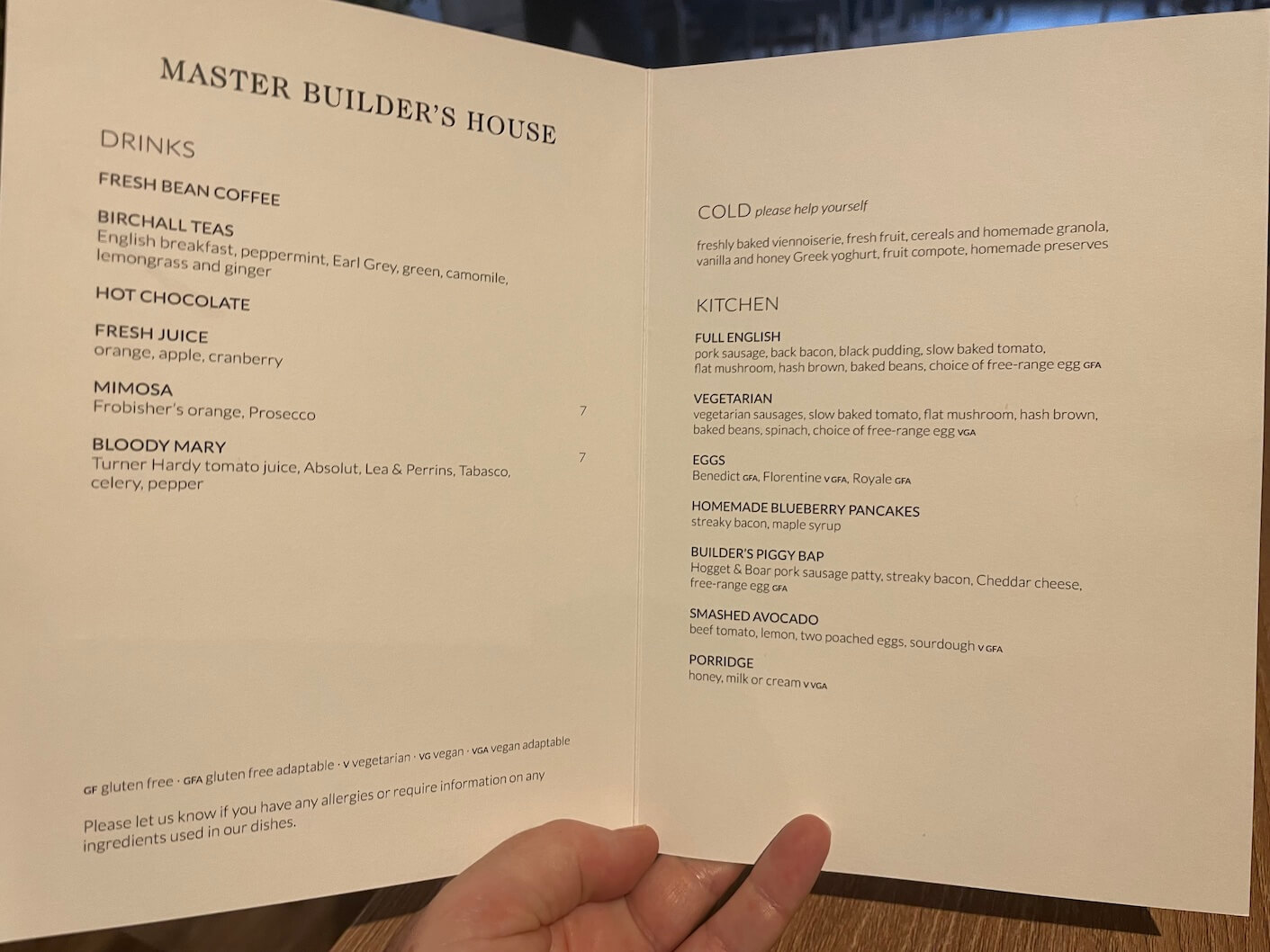 The breakfast menu at Master Builders House hotel