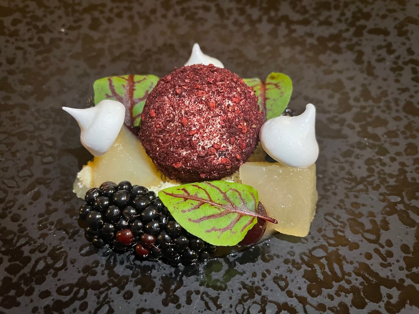 Blackberry and vanilla parfait, white wine poached pear and buttermilk crumb from the tasting menu at Bovey Castle hotel 