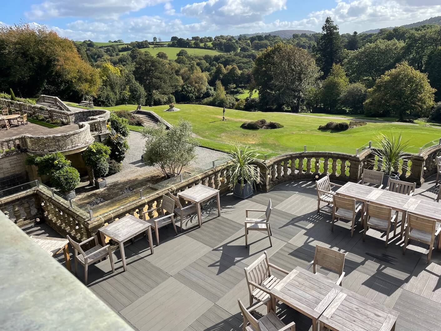 The view of the terrace and valley from one of Bovey Castle hotel's bedrooms