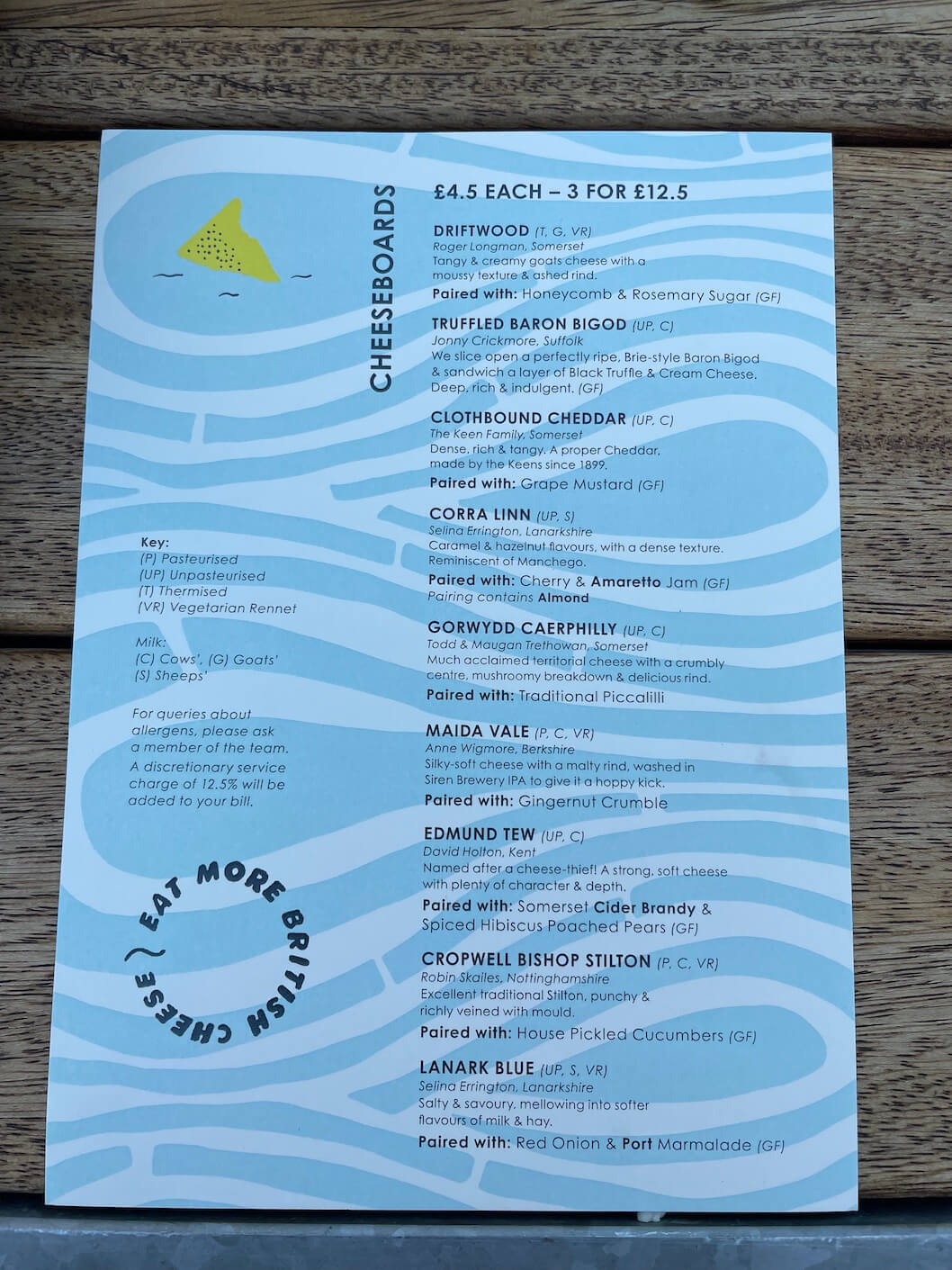 The Cheese Barge cheese menu 