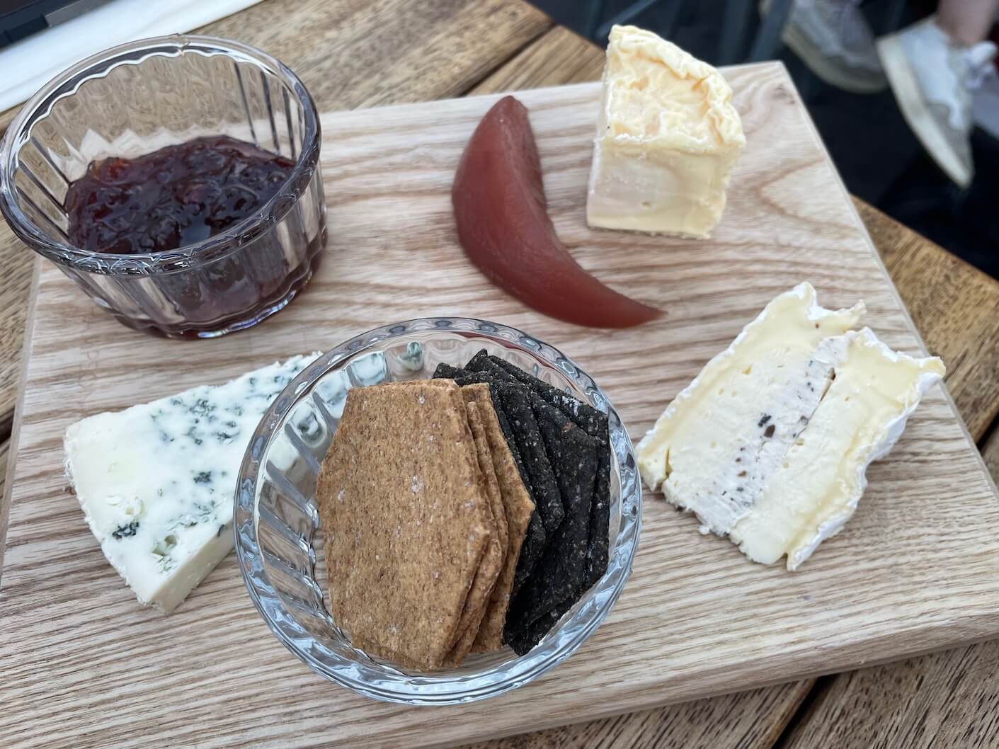 plate of cheese, crackers and chutney from the Cheese Barge