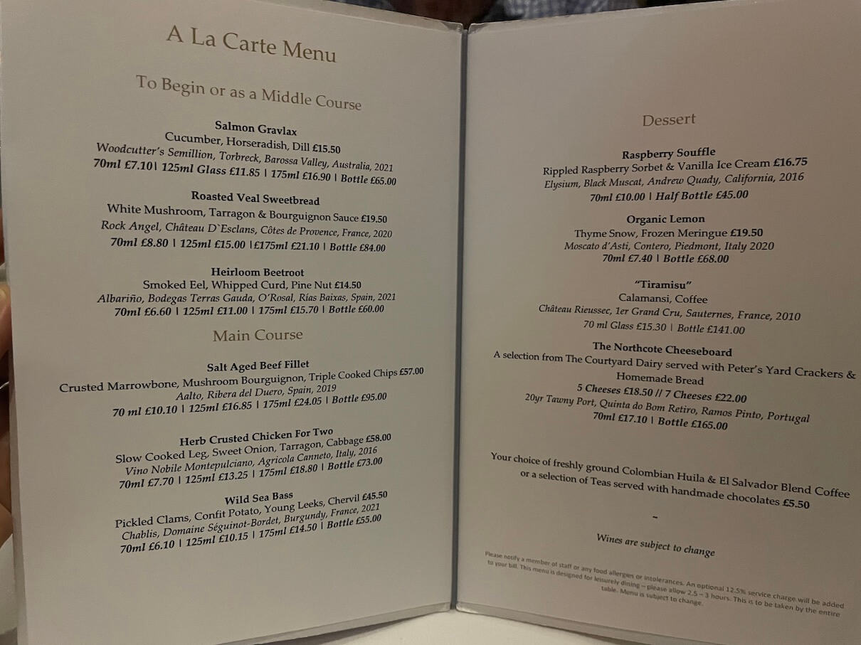 A La Carte menu at Northcote