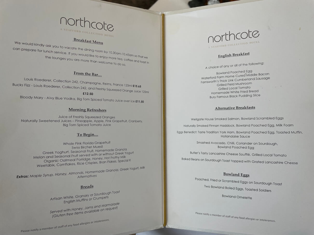 Breakfast menu at Northcote hotel Lancashire 
