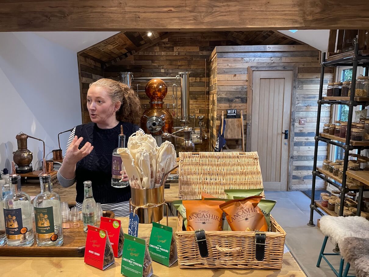 Rachel Trenchard talking about gin at the Goosnargh Distillery 