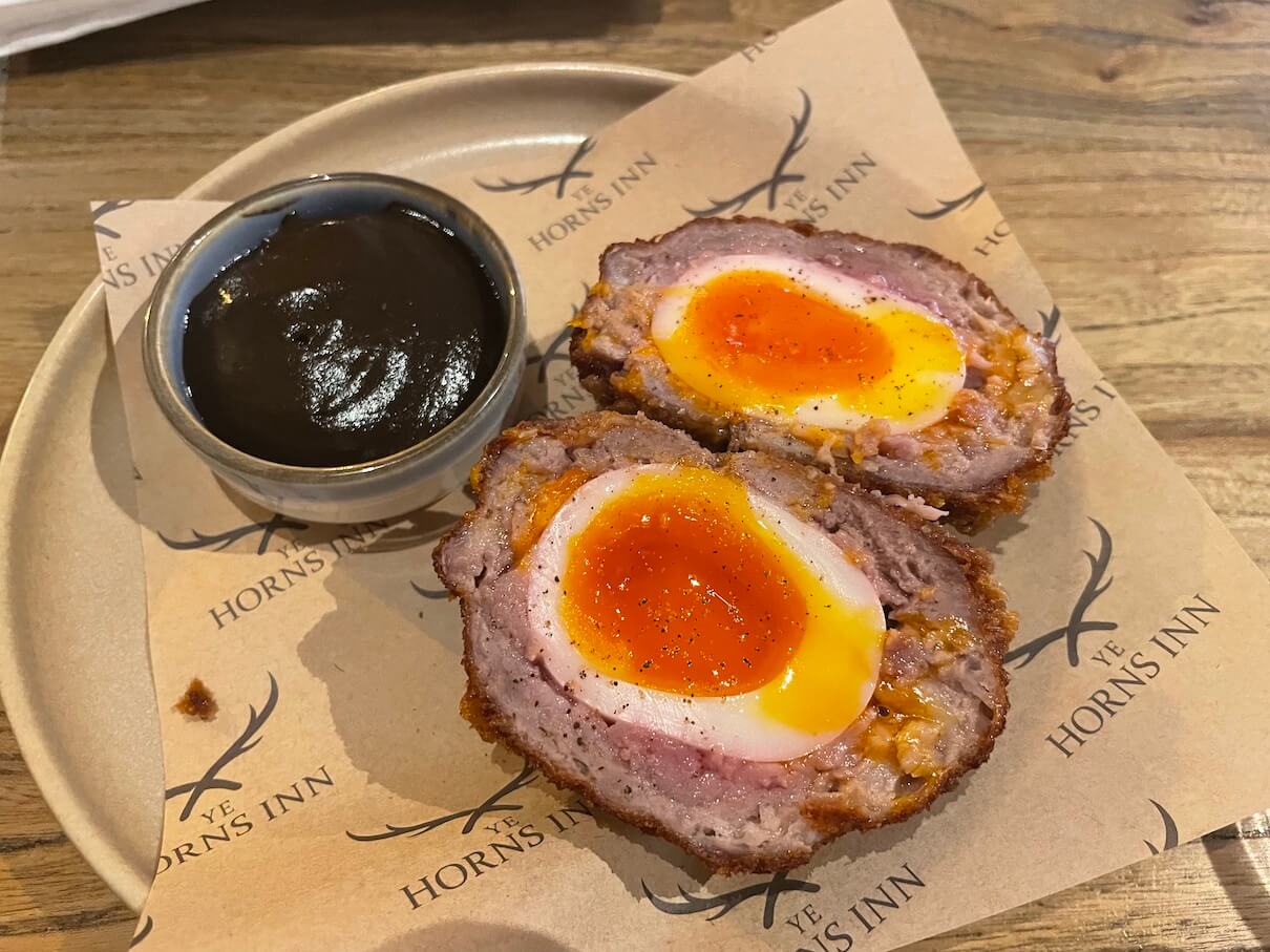 venison scotch eggs and pickled walnut ketchup from Ye Horns Inn in Lancashire