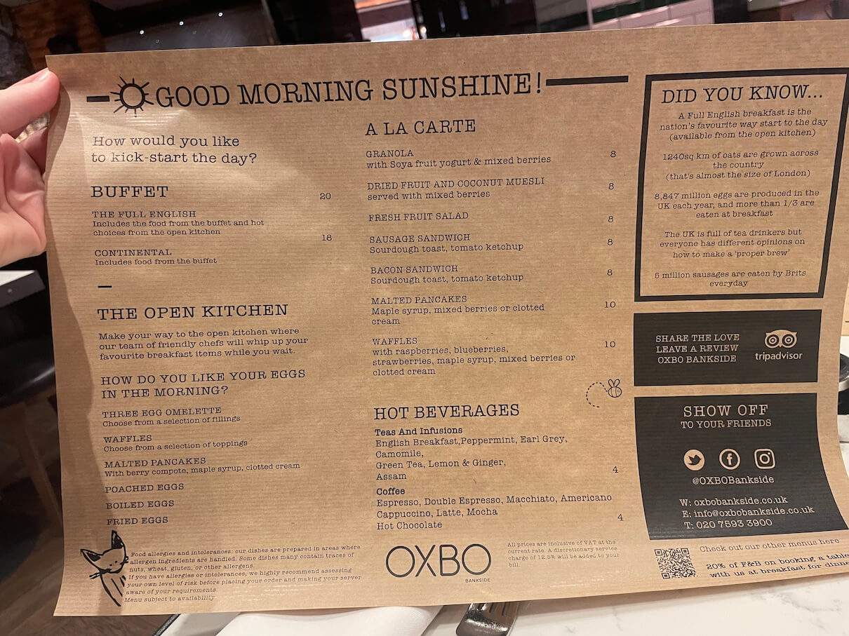 Breakfast menu at OXBO Bankside
