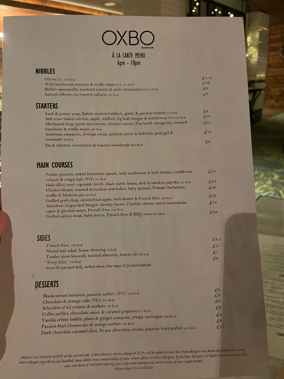 The menu at OXBO Bankside restaurant