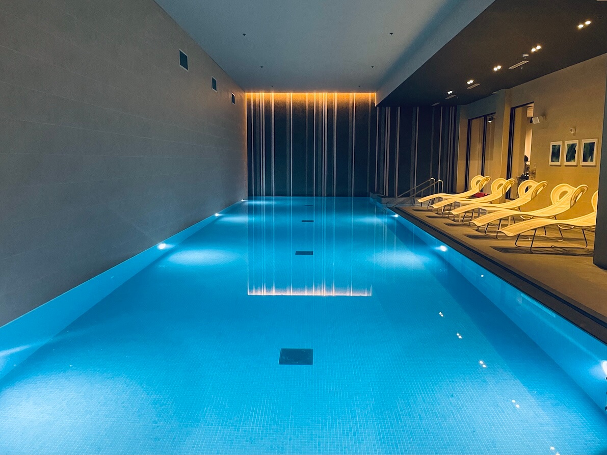 The large heating indoor swimming pool in the basement of London Hilton Bankside 