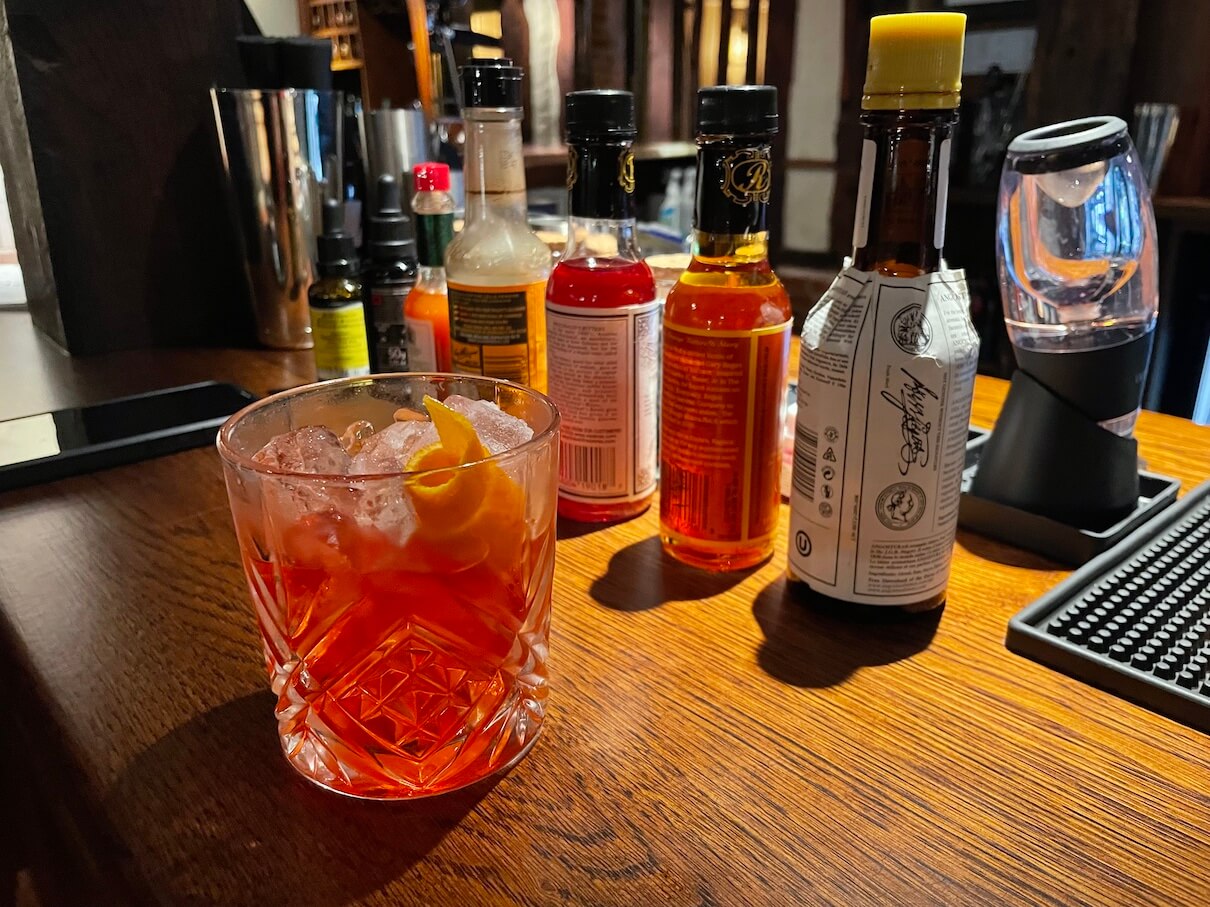 an old-fashioned cocktail served at the Angel Inn Stoke by Nayland