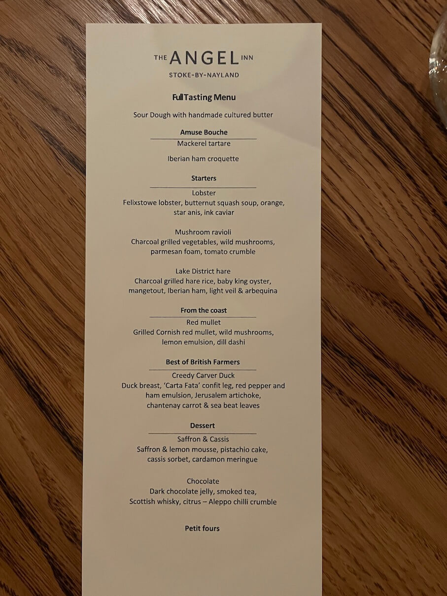 the tasting menu at The Angel Inn, Stoke-by-Nayland