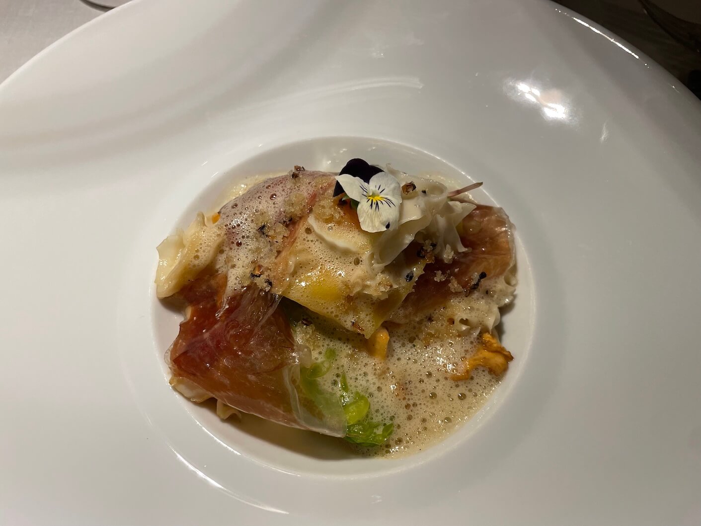Lasagne of Wild Mushrooms, Light Chicken Mousse, Iberico Ham and Grappa sauce Lasagne of Wild Mushrooms, Light Chicken Mousse, Iberico Ham and Grappa sauce